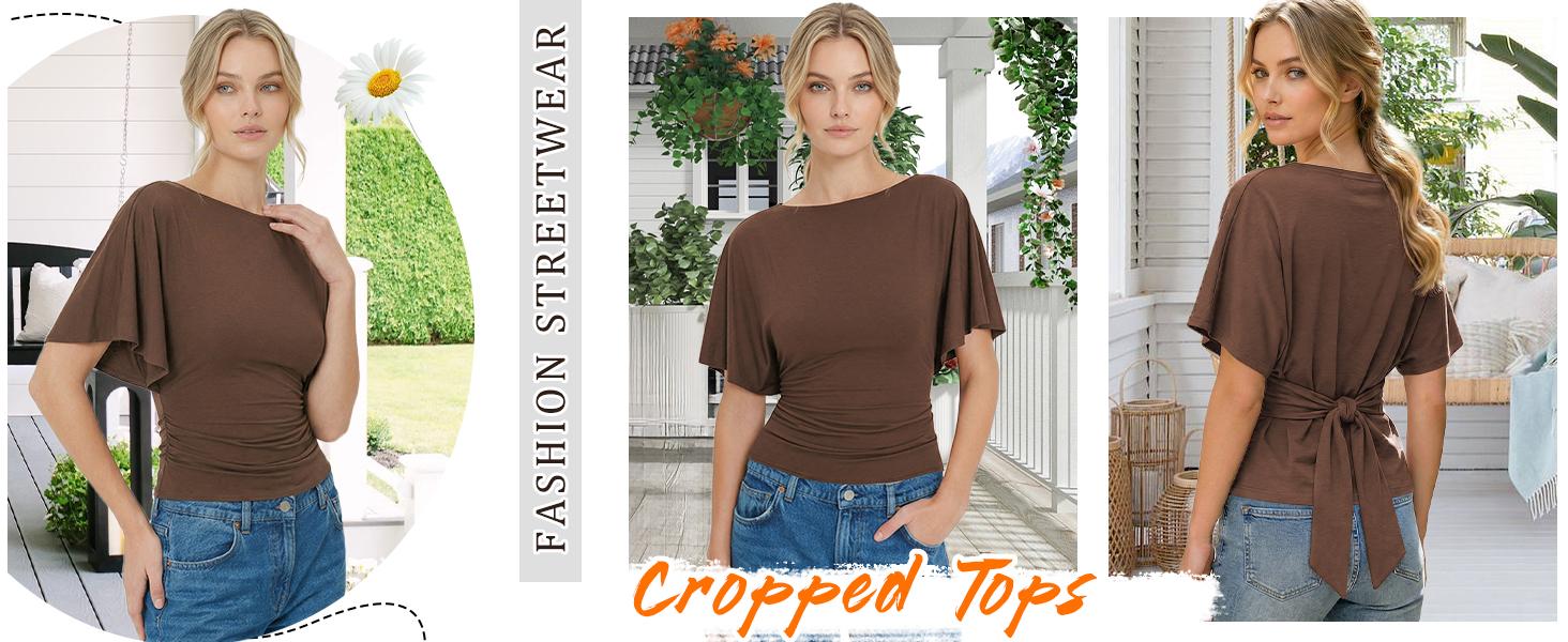 Songling Women's Cinched Waist Shirt Short-Sleeve Boat Neck Knit Top Stylish Streetwear Basic Sports T-Shirt Top Casual Upgraded Modal Fabric