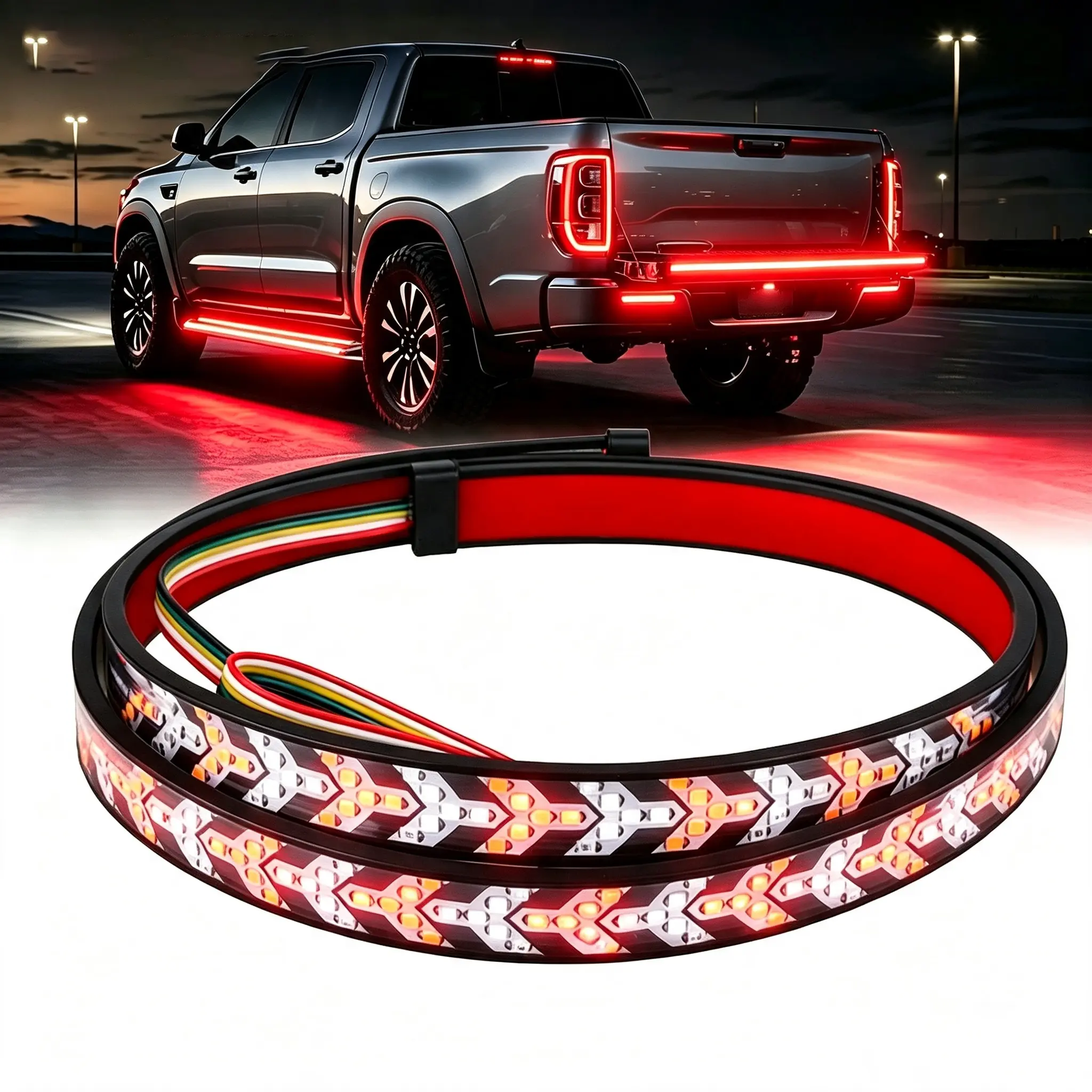 1PCS Upgraded 60-Inch Triple Row Tailgate Light Bar - Flashing Light Bar for Pickup Trailer, Sequential Brake, Red & Amber Signal, Reverse, Turn Signal, Strobe Warning for SUV