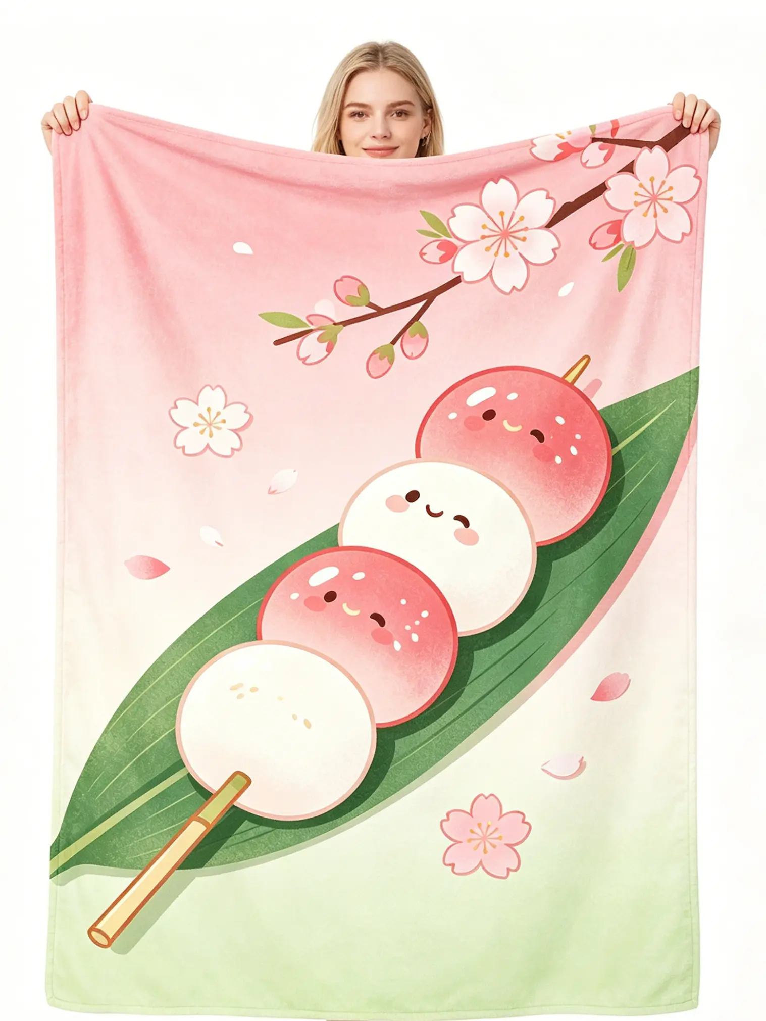 Cute Japanese Sakura Dango Ultra-Soft Flannel Throw Blanket, Kawaii Cartoon Cherry Blossom Cozy Lightweight Flannel Blanket for Bedroom, Sofa, Camping & Travel, Aesthetic Sweet Home Decor Gift for Girls & Women