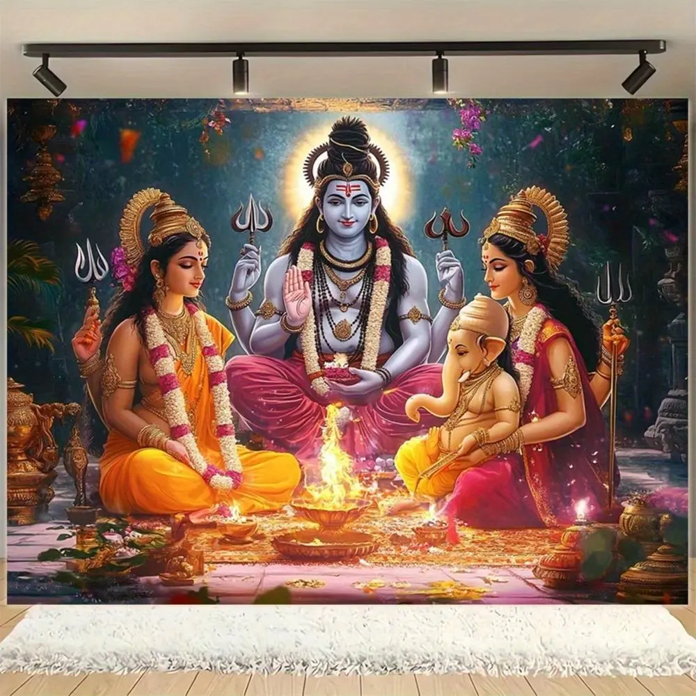 Hindu Gods Fabric Backdrop Banner - 228.6x177.8cm Polyester Tapestry with Lord Shiva, Goddess Parvati, Ganesha, Vibrant Ornaments, Non-Electric Wall Decor Banner for Marriage, Photo Shoots, Birthday