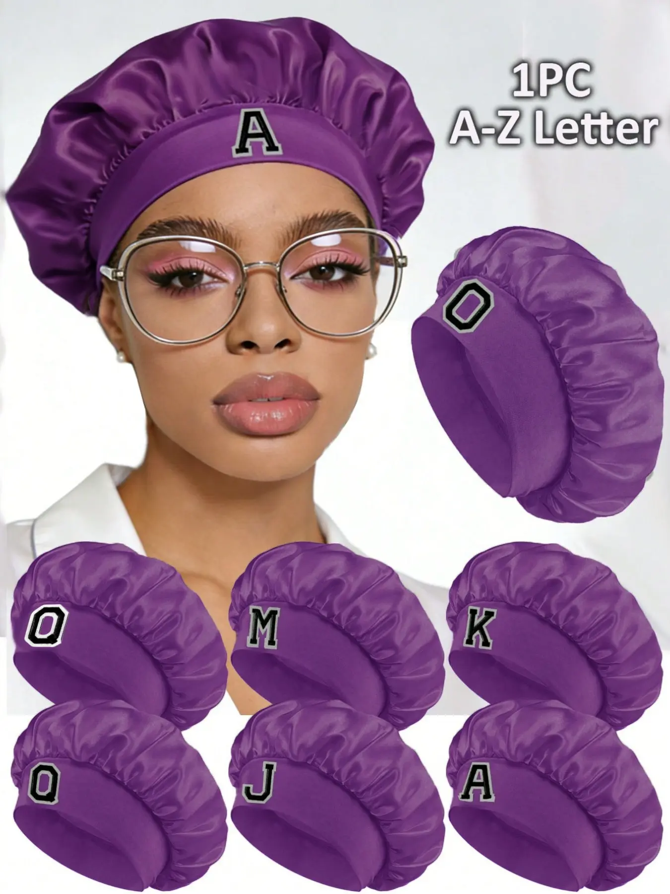 1Pc Purple Satin Sleep Bonnet, A-Z Custom Letter Design, Elastic Wide Band Hair Cap, Comfortable Breathable No Pressure Headwear, Night Hair Protection Wrap, Hot Selling Personalized Cross-Border Hair Accessory