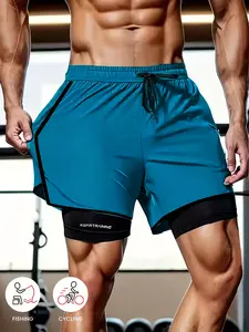 1-pack men’s summer new faux two-piece athletic shorts featuring a drawstring waistband and stretchy lining; cool and breathable—ideal for fitness, running, workouts, and outdoor activities.
