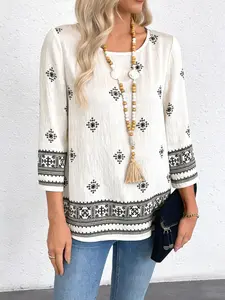 Women's Boho Print Shirt Blouse, Boho Clothing, Fashionable New Seven-Quarter Sleeve Retro Resort Style Top, Suitable for Summer, Home, Indoor, and Outdoor Wear
