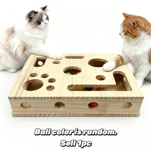 Cat Scratch Puzzle Enrichment Box - Large Solid Pine Wood, Stress-Free Nail File, Alternative to Clippers and Grinders, 3 Bell Balls Included