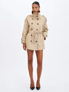 Vanetta Tan High Collar Double-Breasted Trench Mini Coat