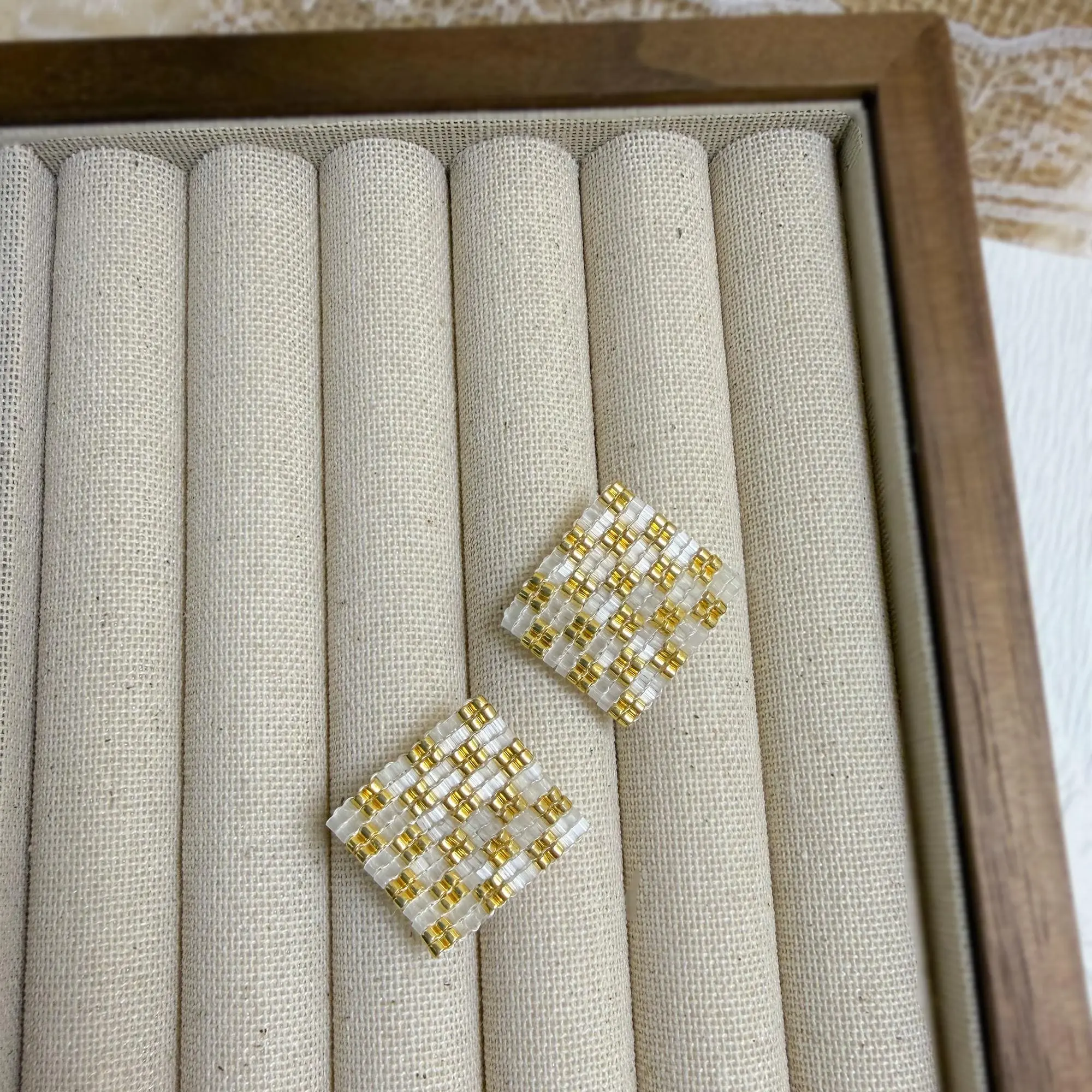 Miyuki Seed Bead Stud Earrings, Gold White Square Geometric Studs