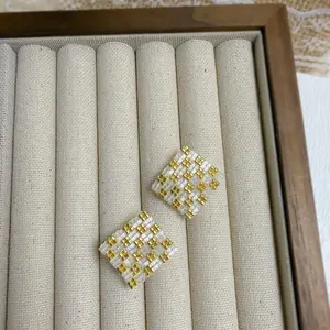 Miyuki Seed Bead Stud Earrings, Gold White Square Geometric Studs