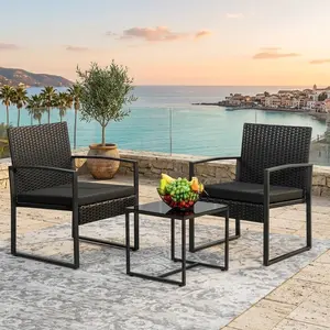 3 Piece Black Wicker Patio Bistro Set, All-Weather Rattan Chairs with Cushions & Square Tempered Glass Coffee Table, Rust-Proof Steel Frame Outdoor Conversation Furniture for Balcony Porch Garden Poolside