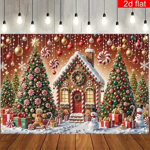 1pc 2D Flat Festive Christmas Party Banner - Gingerbread House & Tree Design with Snowy Scene, Bright & Durable Polyester, Ideal for Winter New Year Wall Decor, Living Room, Outdoor Holiday Sign, Christmas Dec