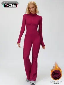 Autumn Winter Fleece Lined, Stand Collar Warm Yoga Onesie, Wide Leg Running Fitness, Women's Sportswear, Sportswear Jumpsuits, Sporty Comfy Jumpsuit