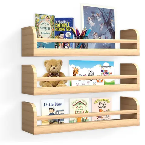 Floating Nursery Shelves, 16.5 Inch Wall Book Shelves, Set of 2 Wooden Nursery Shelves, Shelves for Nursery Décor, Teens Kids Room, Bedroom Bathroom and Kitchen, Multi Purpose Wall Mounted Organizer (Natural)