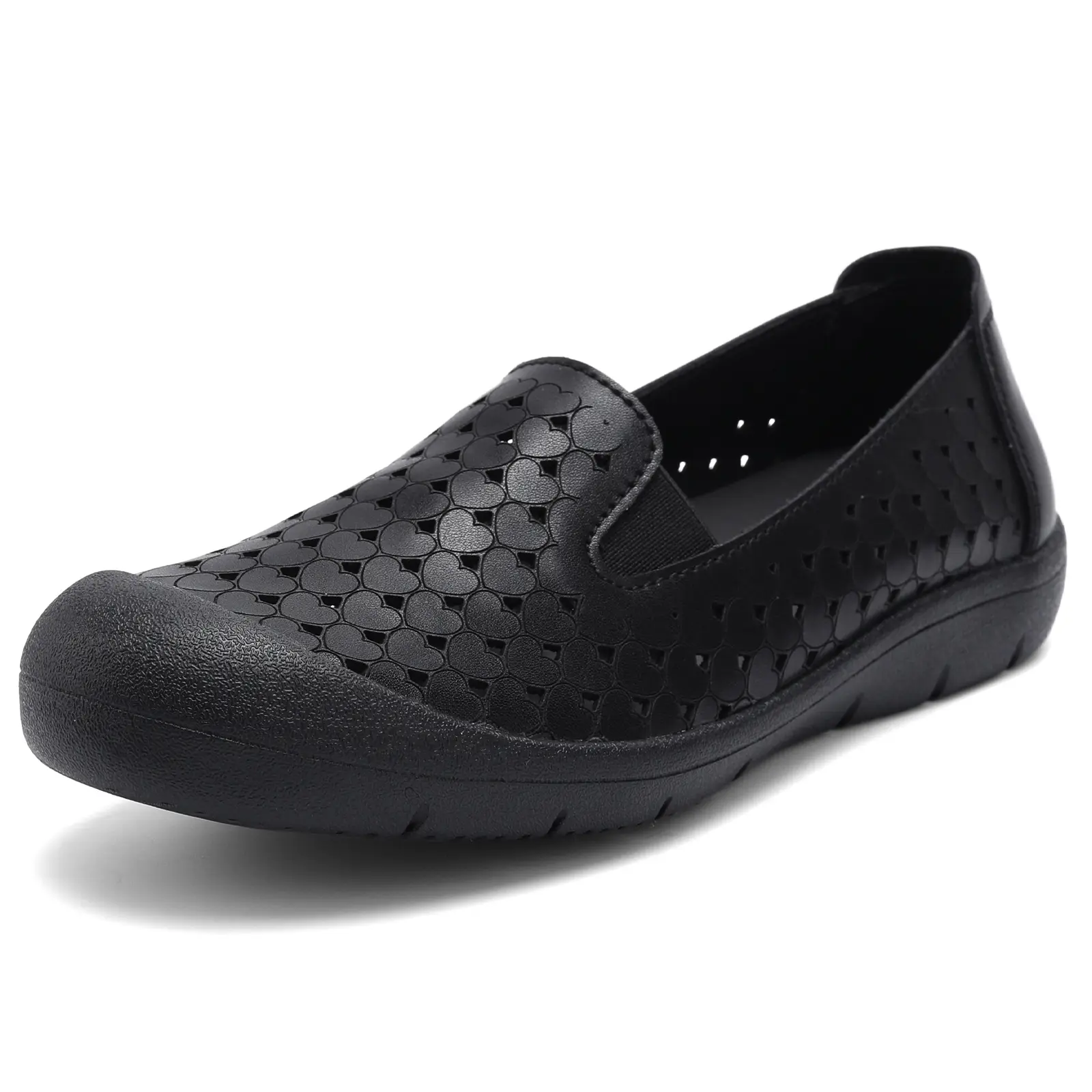 Women's Summer Slip-On Loafers - Breathable Perforated Hollow-Cutout Vegan Leather Flats, Comfortable Walking Shoes with Heart-Floral Geometric Pattern Soft Sole for Work & Casual Wear