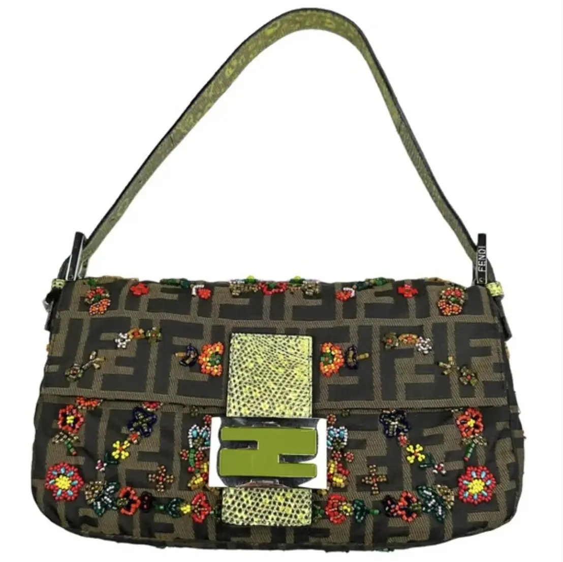 Pre-owned FENDI Lizard Canvas Shoulder Bags Zucca Baguette Lime Lizard Beaded Multi Floral Metallic Clutch Flap Purse