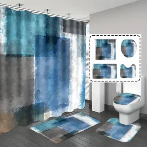 [Popular Choice]1pc/4pcs, shower curtain set, bathroom curtains shower, bathroom set, shower curtains, bathroom decor,bathroom rug, Home Decoration, bathroom mat, blue abstract pattern, simple theme decoration, bathroom set, with 12 hooks.
