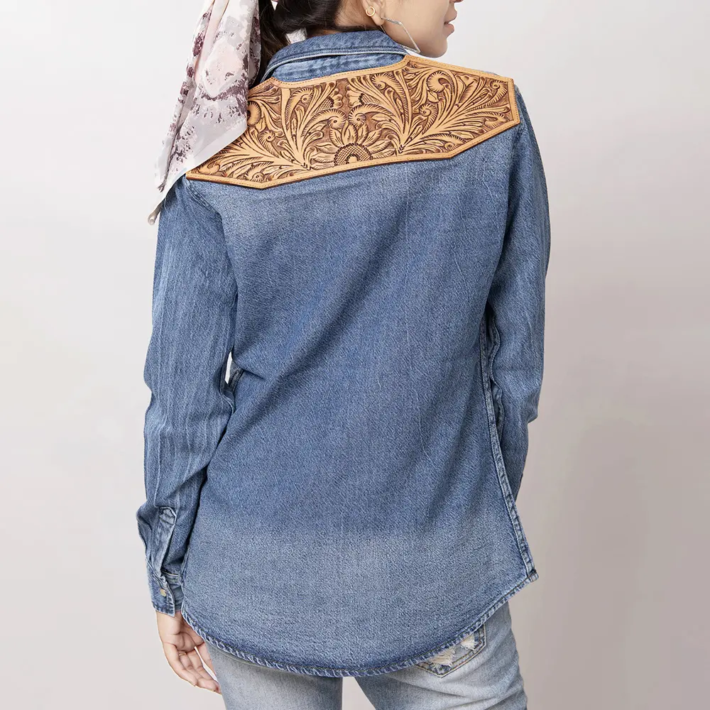 American Darling Genuine leather Hand tooled carved Women 100% cotton Denim Blazer dress jacket ladies | Vintage