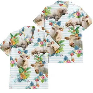 Charolais Cow Hawaiian Shirt 100% Polyester, Tropical Ranch Style Aloha Shirt, Men Summer Vacation Short Sleeve Button Down Casual Chinos