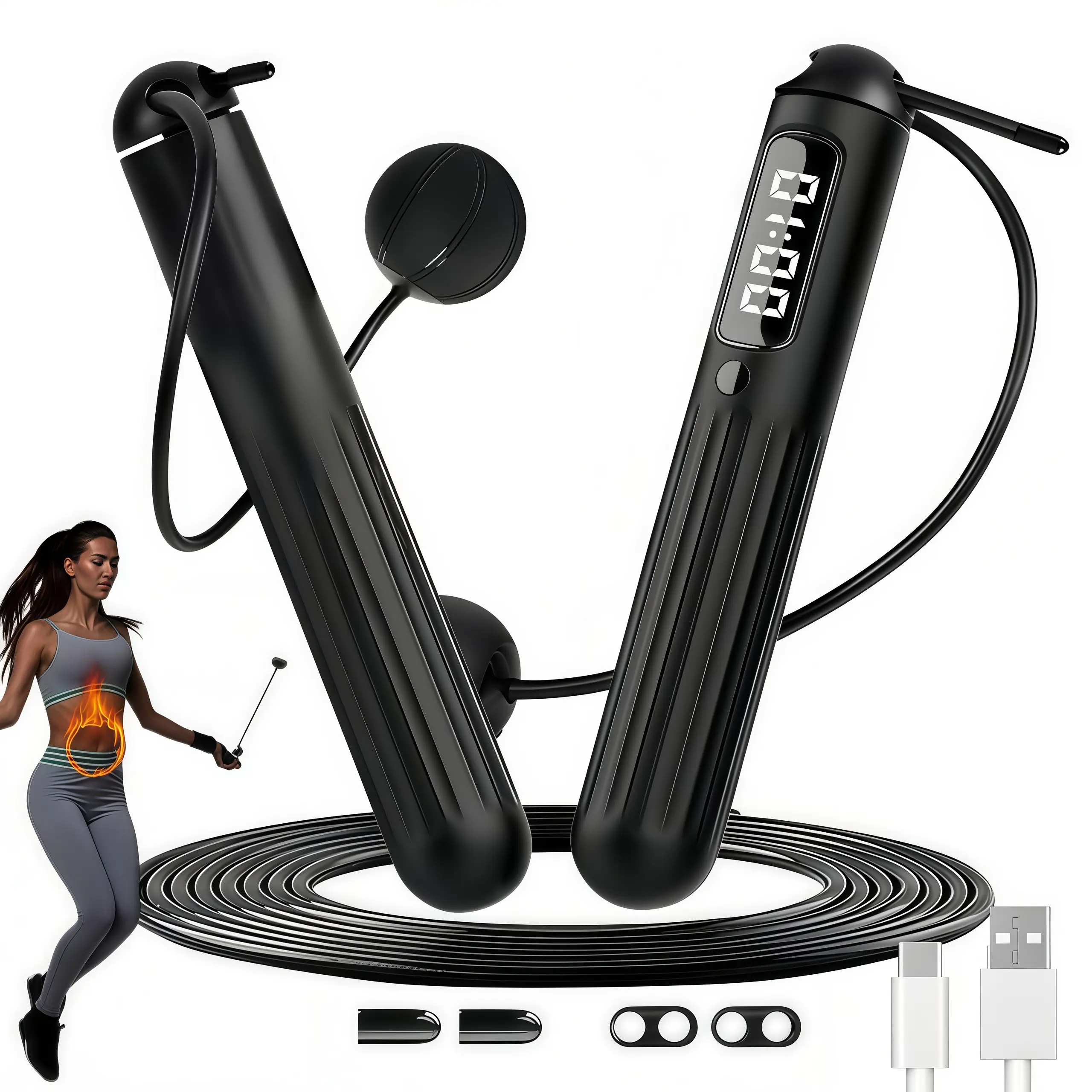 LMMAKE 1PC Weighted Jump Rope (Workout Equipment) for Men & Women, Adjustable Length for Custom Fit, LCD Display Counter, Durable PVC, 2-in-1 Cordless & Traditional Modes, Home Workout & Gym Use
