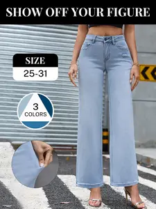 ZHANGYAN Jeans for Women High Waisted Stretch Denim Baggy Pants Fit Comfortable Straight Wide Leg Distressed Trouser with Tummy Control Minimalist Basic Y2K Streetwear Spring Summer Fashion Outfits Womenswear Vintage 80s 90s Style
