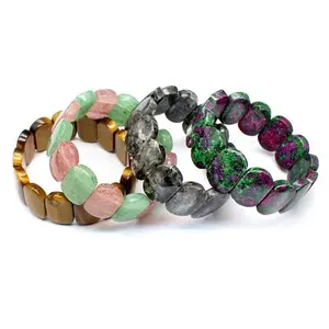 11x18MM Natural Gemstone Smooth Oval Rectangle Beads Strand Bracelets Amethyst Rose Quartz Healing Crystal Rectangle Bangle Women Gemstone Jewelry Gifts