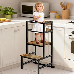 3-in-1 Toddler Tower with Safety Rail, Iron-Frame Toddler Kitchen Stool Helper，Sturdy and Durable Wooden Standing Tower with Anti-Tip Support Legs