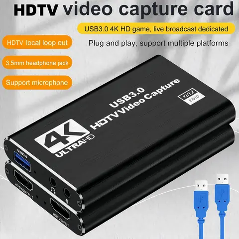 ACHAVE 4K HDMI Game Capture Card - USB 3.0 1920*1080p 60FPS Plug-and-Play Streaming Equipment, Compact Aluminum Alloy Device with 3.5mm Audio Port, HDMI Loopout for 1 Acquisition Card, 1 USB Cable, Gaming Broadcasts on PS4, PC, OBS Camera
