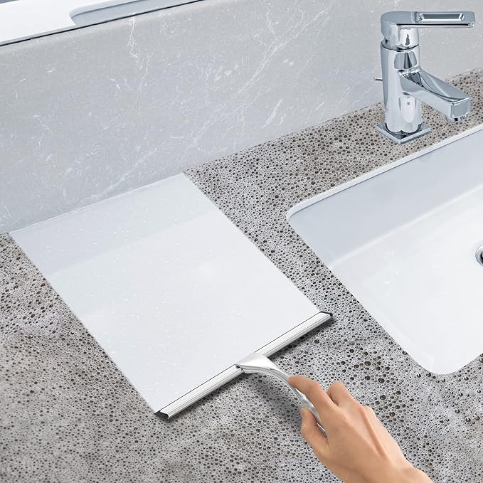 10” Stainless Steel Shower Squeegee with 2 Heavy Duty Adhesive Hooks All‑Purpose Bathroom & Glass Cleaner Tool for Shower Doors Tile Window Mirror Car Windshield & Home Surfaces