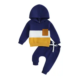 0-3T Toddler Boys 2PCS Sweatshirt Hoodie Fall Outfits Newborn Long Sleeve Contrast Color Tops Drawstring Pants Sets