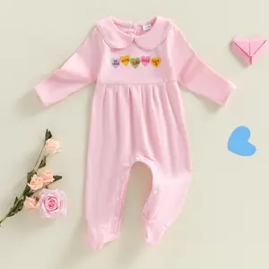 Infant Baby Girl Valentines Footie Romper Loose Love Heart Letter Embroidered Doll Collar Long Sleeve Jumpsuit Spring 0-18 Months