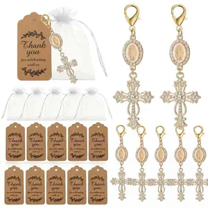 12 Sets Elegant Gold Rhinestone Cross Charm Keychains with Sheer Gift Bags and Kraft Tags, Perfect for Baptism, Communion, and Event Decor, Collectible Keepsake Favors