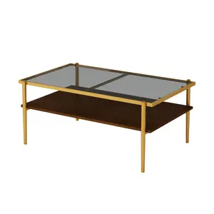 Modern Luxury Rectangular Contemporary Coffee Table (38.39in) - Gray Tempered Glass Top, Golden Metal Frame Legs, MDF Lower Storage Shelf, 220LBS Capacity, Easy-Setup Glam Indoor Living Room Furniture