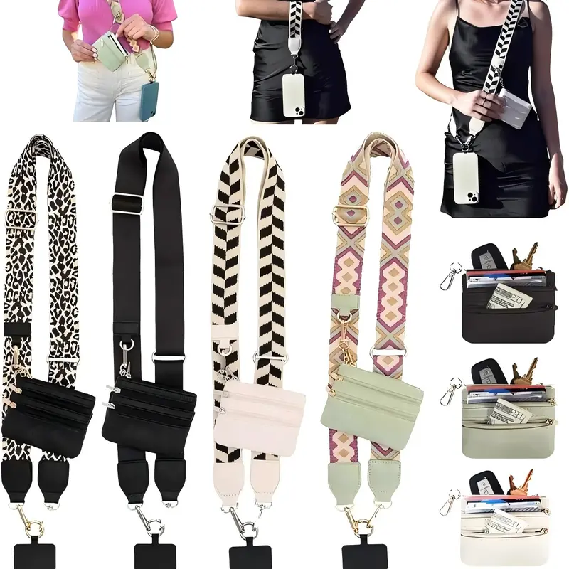 Women's Polyester Fabric Portable Phone Strap Wallet - Crossbody Clip, Adjustable Detachable Wristband, ID Window, Zippered Pouch, Card Slot, Charging Port Access, Hands-Free Cellphone Accessories for Busy Days