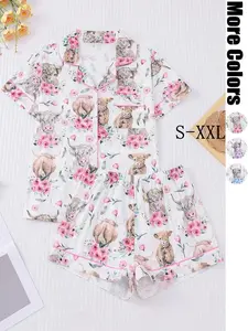 Women's All-Over Cow-Print Contrast-Trim Shirt & Elastic-Waist Shorts Pajama Loungewear Set, Casual Comfy Short Sleeve Collared Top & Shorts PJ Two-Piece Set