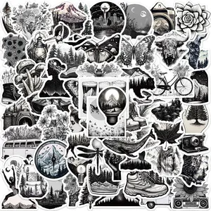 Nature Themed Sticker, 60pcs/set Black and White Plant Pattern Decorative Sticker, DIY Decals for Water Bottle, Laptop, Phone Case, Scrapbooking, Journal Making, Ornaments, Halloween