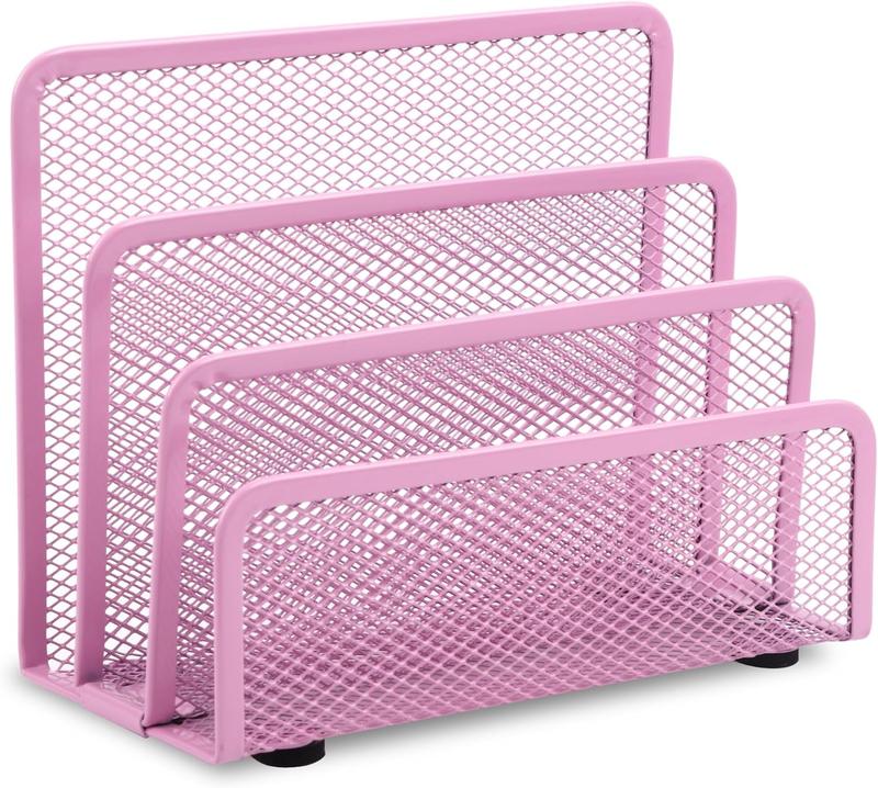 Mail Organizer Countertop Metal Mesh File Holder with 3-Slot Desk Accessories For Home and Office Pink