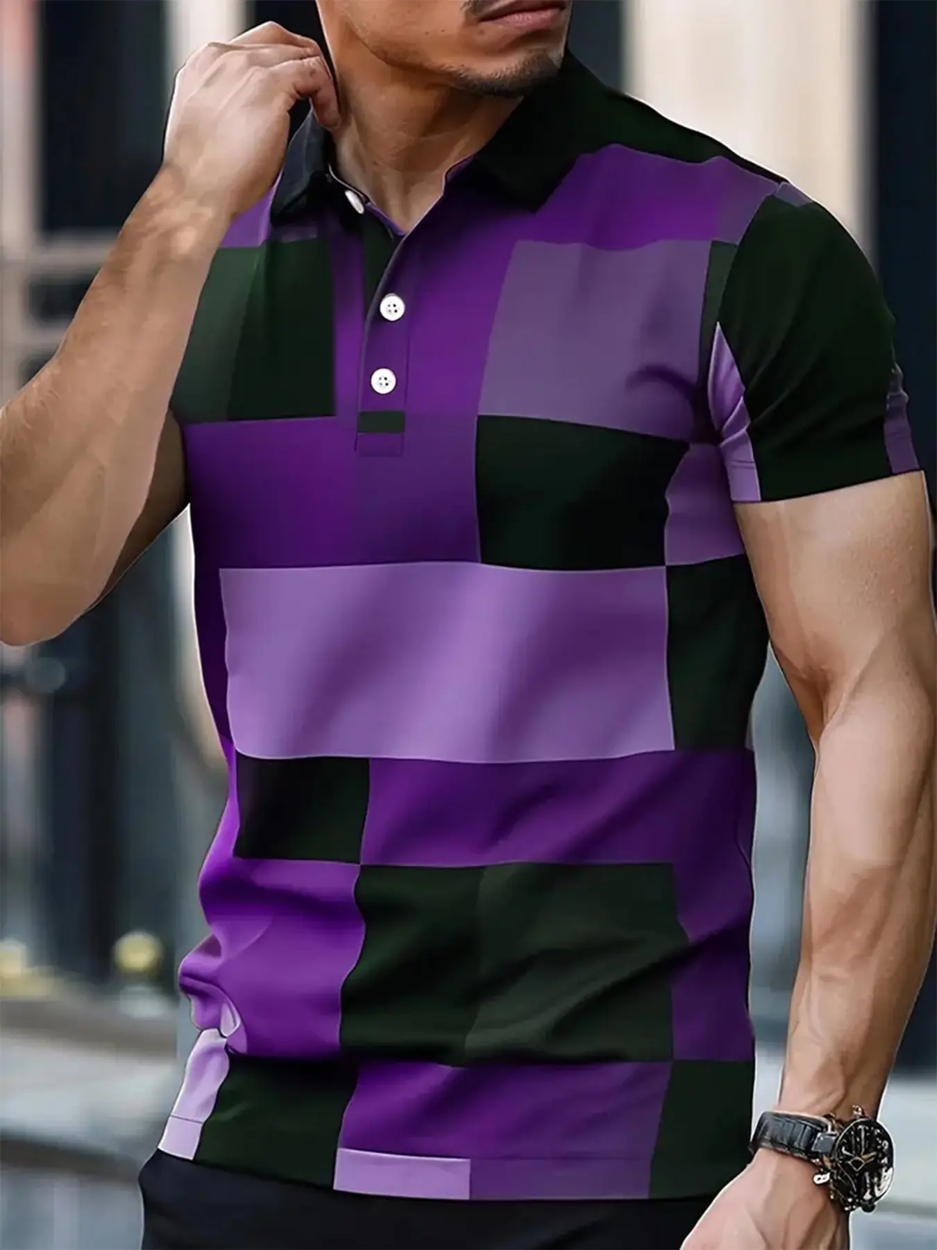 Men's Printed Color Blocked Casual Menswear Short Sleeved Buttoned Polo Shirt Collared Polo Shirts