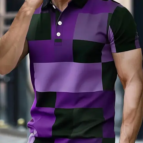 Men's Printed Color Blocked Casual Menswear Short Sleeved Buttoned Polo Shirt Collared Polo Shirts Summer Polos