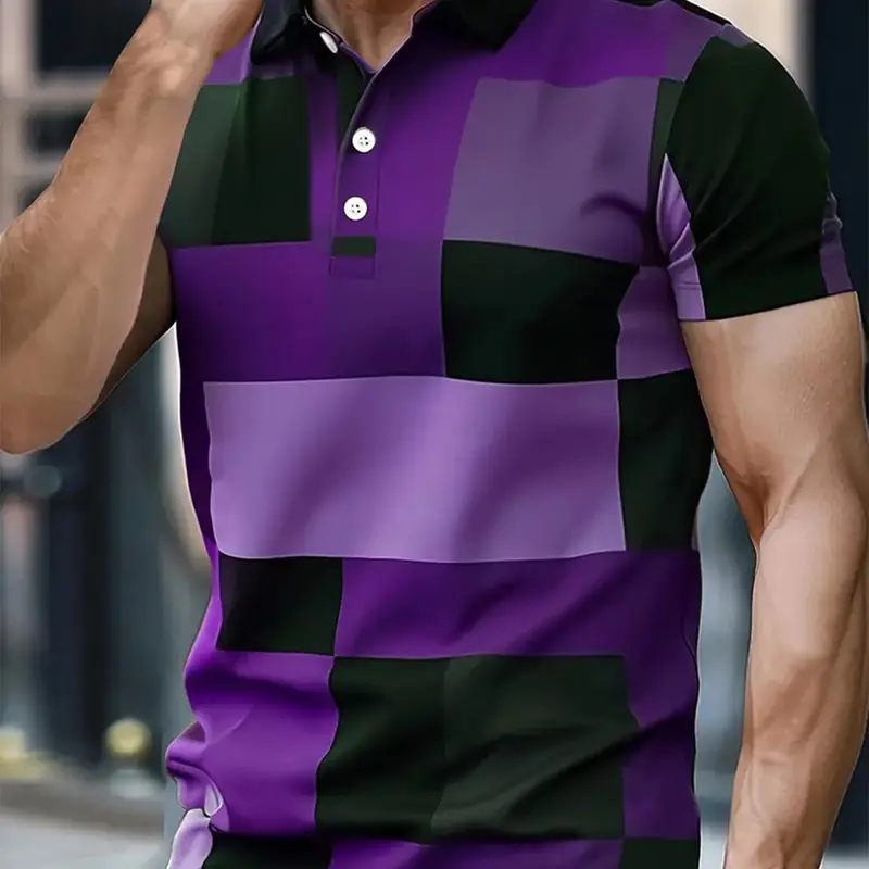 Men's Printed Color Blocked Casual Menswear Short Sleeved Buttoned Polo Shirt Collared Polo Shirts Summer Polos