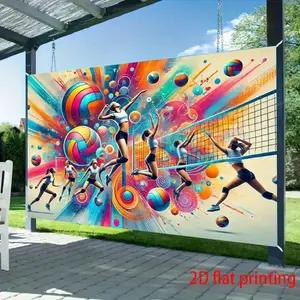 2D flat banner, 1pc, Vibrant Volleyball Sports Theme Backdrop Banner, Colorful Volleyballs and Athletes Design, Suitable for Sports Party Background Decoration, Event Background Decor, Vinyl Fabric wjt
