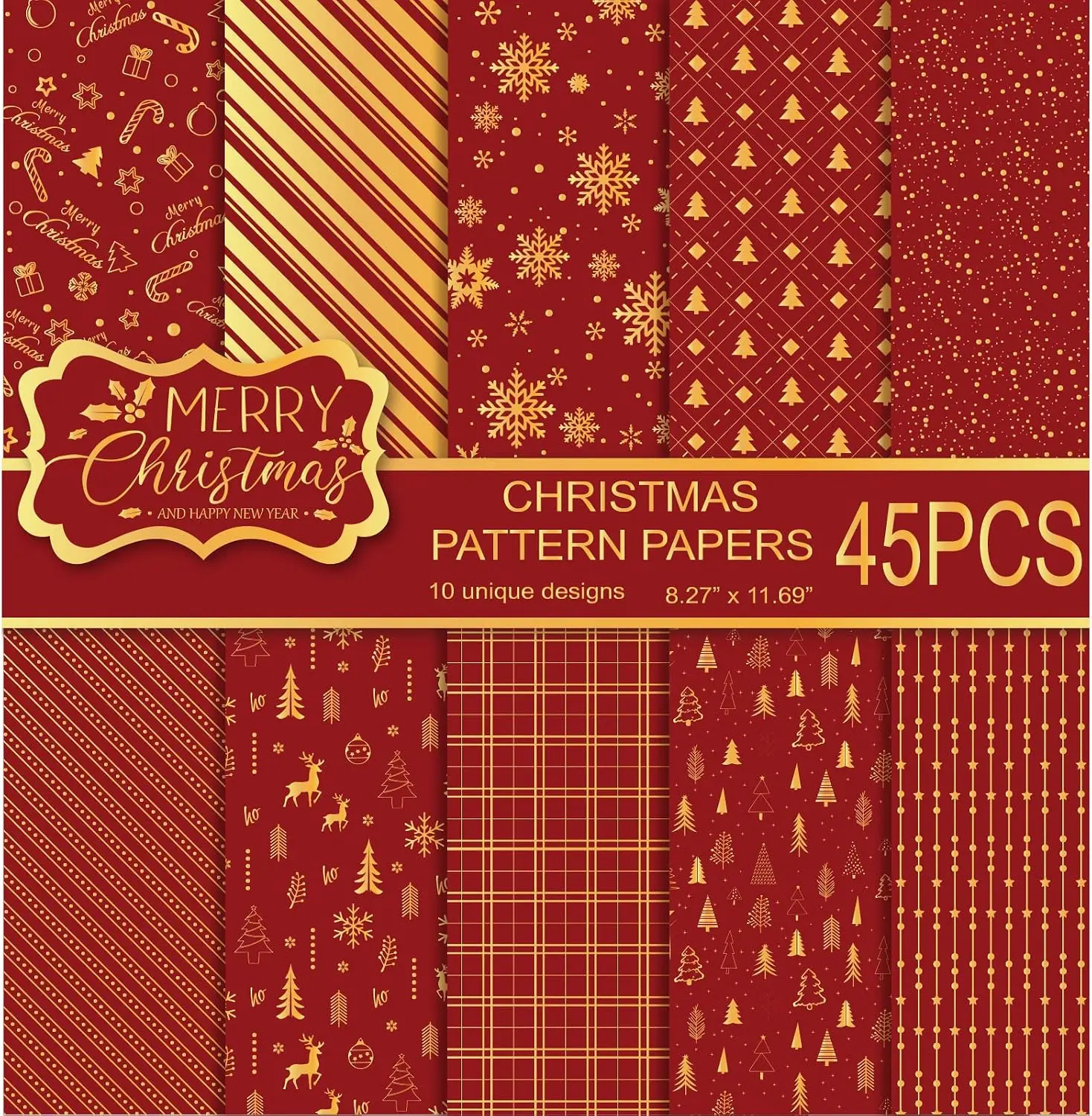 A4 Size Red and Gold Craft Paper Set - 45 Sheets, 10 Double-Sided Merry Christmas Patterns, Scrapbook Supplies for Card Making, Gift Decorations, Paper Chain Garland