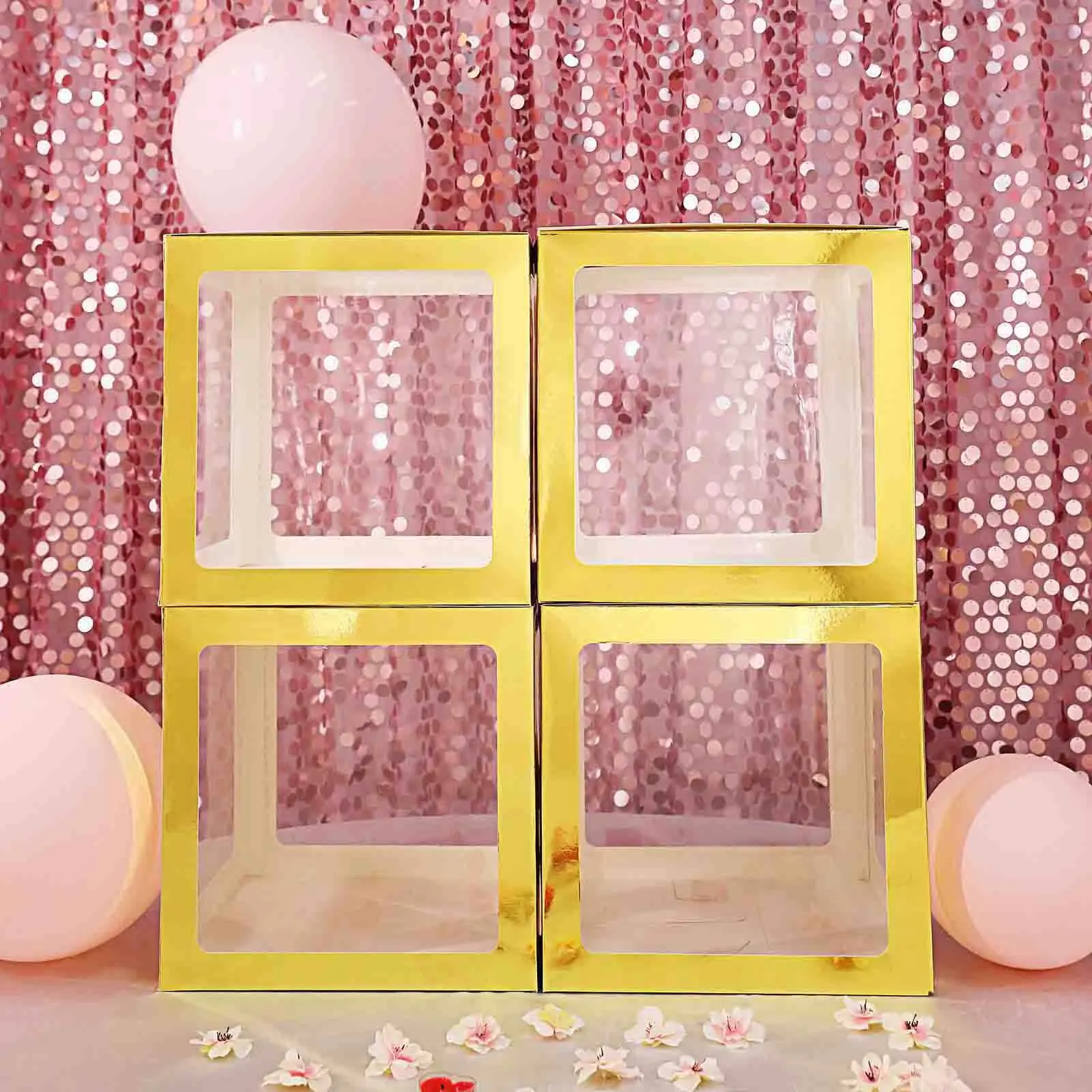 2-Pack Unisex Metallic Gold Transparent DIY Balloon Boxes (12 in, Box-Only Set) - All Ages Indoor Home & Festive Party Supplies for Balloon Decor, Baby Shower, Birthday