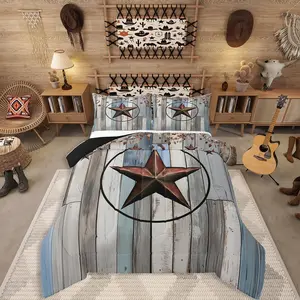 Feelyou Western Texas Star Microfiber Bed Set, Rustic Farmhouse Comforter Set, Retro Cowboy Quilt for Kids Teens, Country Wooden Door Themed Duvet Insert for Adult Men Bedrooms