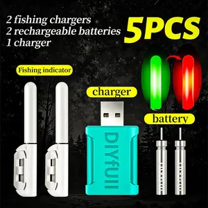 5-Piece Fishing Rod Tip Light Set, 2 Rechargeable Batteries, 1 Charger, Night Fishing LED Indicator, Day & Night Use, Fishing Accessories