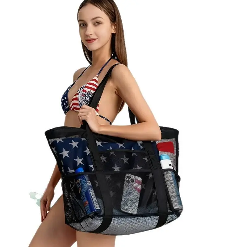 Mesh Beach Bag, Large Family Beach Tote Bag Foldable Mesh Tote for Beach Pool Vacation Camping Travel, Portable Storage Bag for Toys and Daily Essentials, Pool Party, beach essentials