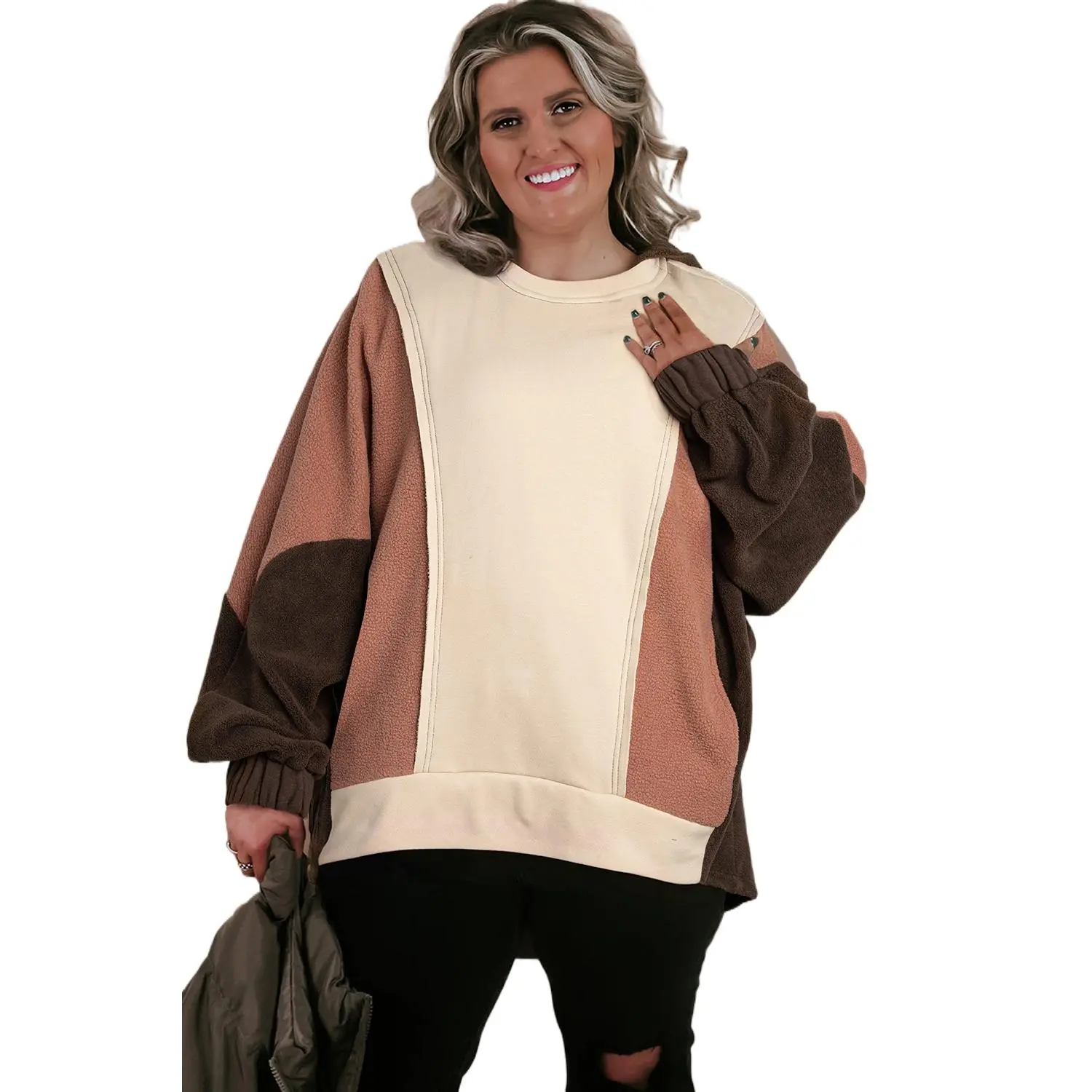 Plus Size Brown Colorblock Hoodie with Exposed Seams
