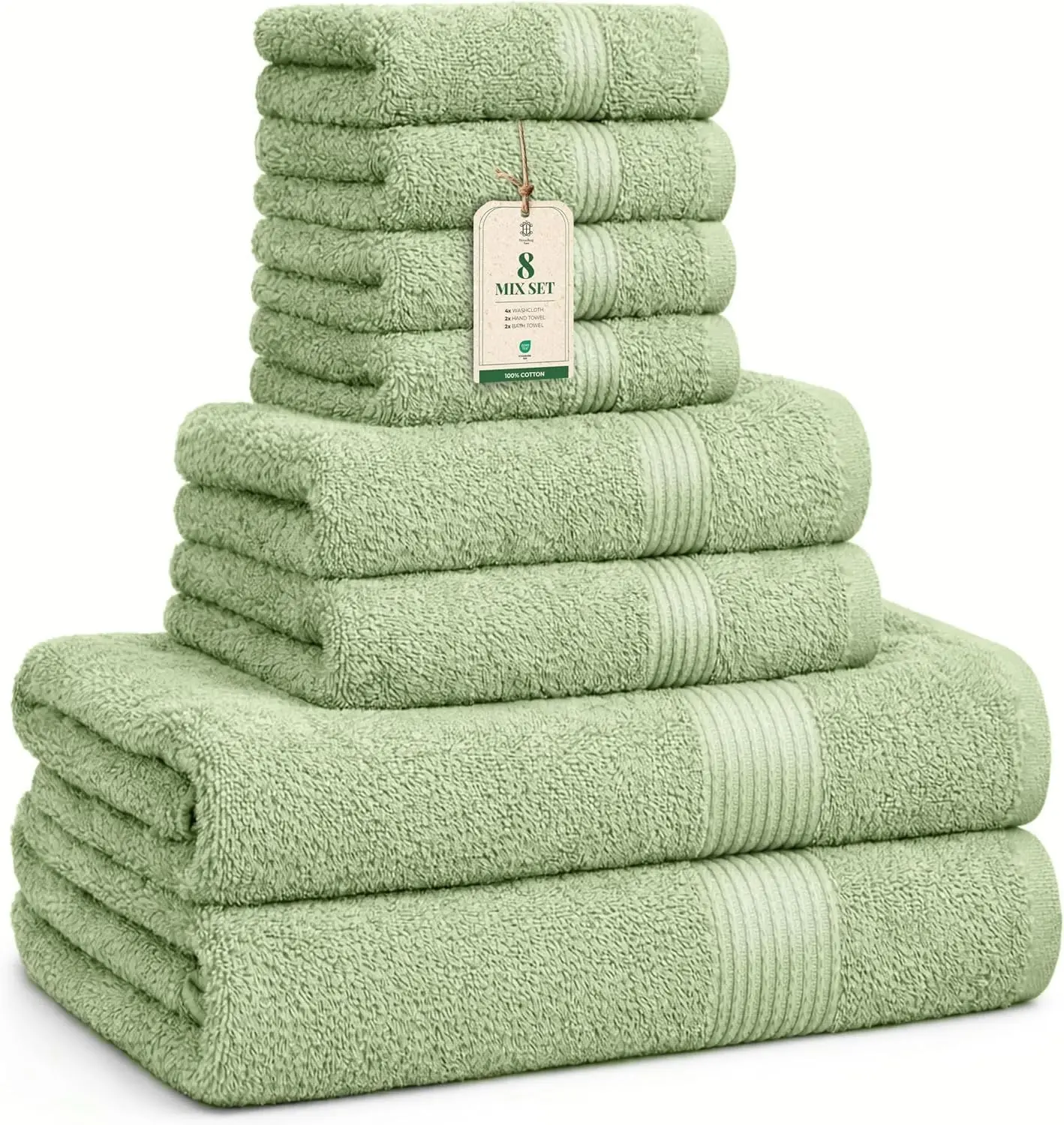 Washcloths (12 x 12 in), Hand Towels (16 x 28 in) & Bath Towels (27 x 54 in) 100% Cotton Soft Absorbent Easy Care Versatile Sage Green