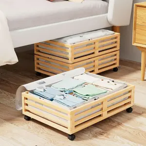 Bamboo Under Bed Storage Containers- Underbed Organizer with Wheels with Large Capacity Dust Bag,Sturdy Wood Rolling Under Bed Shoe Storage Organizer 2 Packs (Nature, 2 Packs (23.62"*16.54"))