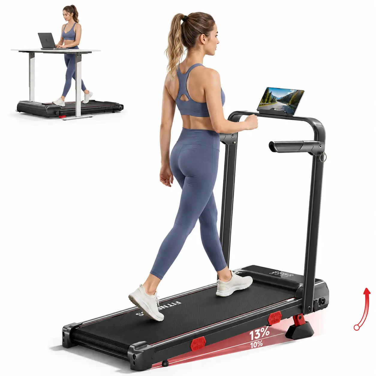 【DEALSFORYOUDAYS】 RF Foldable Adjustable Incline Treadmill, Low Noise Motor Walking Pad, 300lbs Weight Capacity, Remote Control & Wheels for Easy mobility, Dual Shock Absorption System Home Gym Equipment, Home Workout Equipment