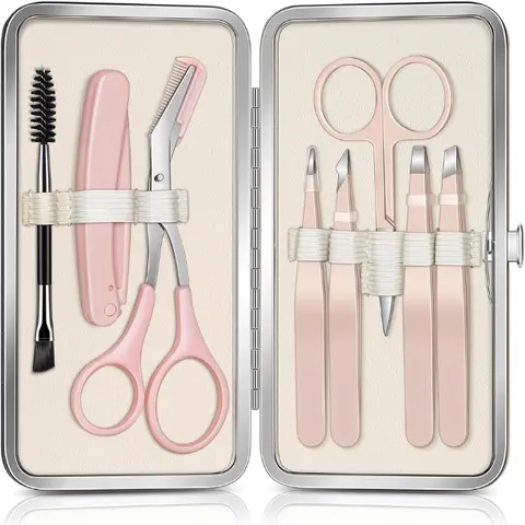 Women's 8-in-1 Foldable Hair Removal Eyebrow Kit - Portable Eyebrow Razor, Precise Trim Tweezers Set, Trimmer, Scissors, Brush, Travel Bag - Daily Beauty Makeup Tools for Personal Care, Foldable Eyebrow Razor
