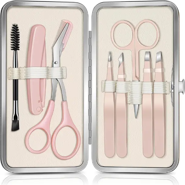 Women's 8-in-1 Facial Hair Removal Eyebrow Kit - Portable Size, Precise Trim Tweezers, Trimmer, Scissors, Razor, Brush, Travel Bag - Daily Beauty Makeup Tools for Personal Care