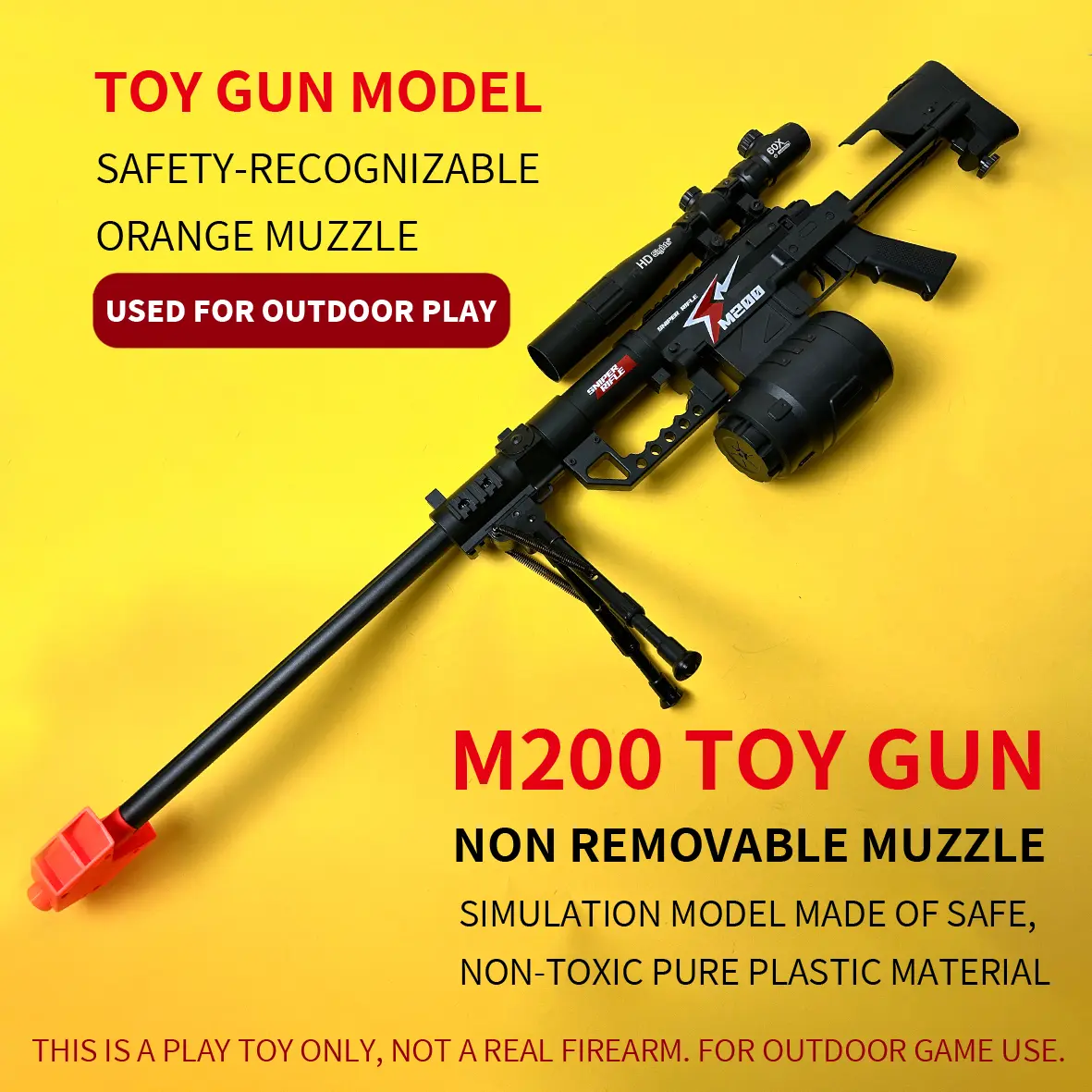 A best-selling 106cm oversized model electric toy gun, the M200 model gel ball Blaster, featuring a non-removable orange muzzle – a brilliant gift and a toy gun for children’s outdoor fun
